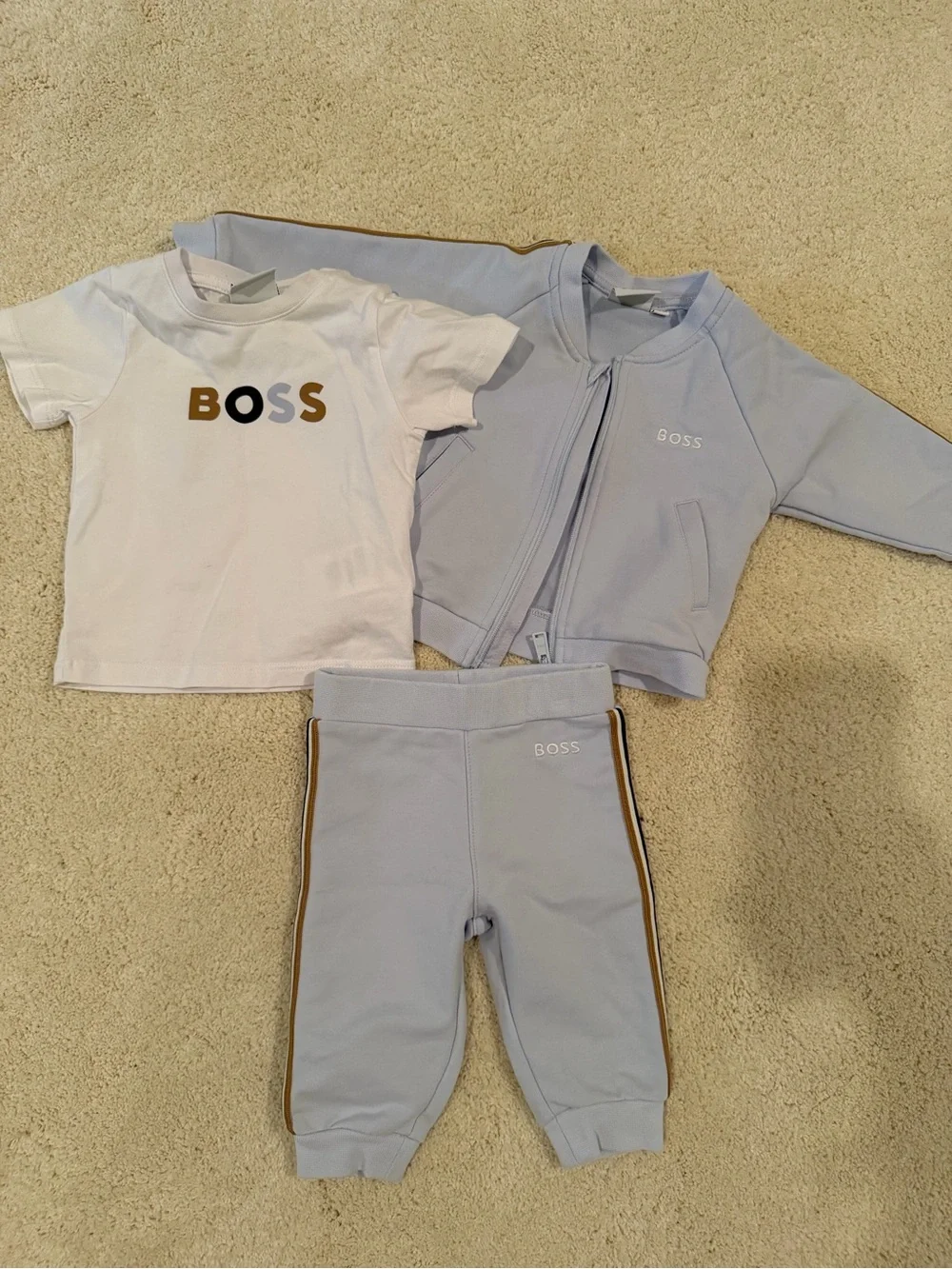 Boss Kids 3-Piece Set in White and Light Blue with Gold Trim